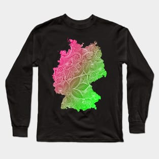 Colorful mandala art map of Germany with text in pink and green Long Sleeve T-Shirt